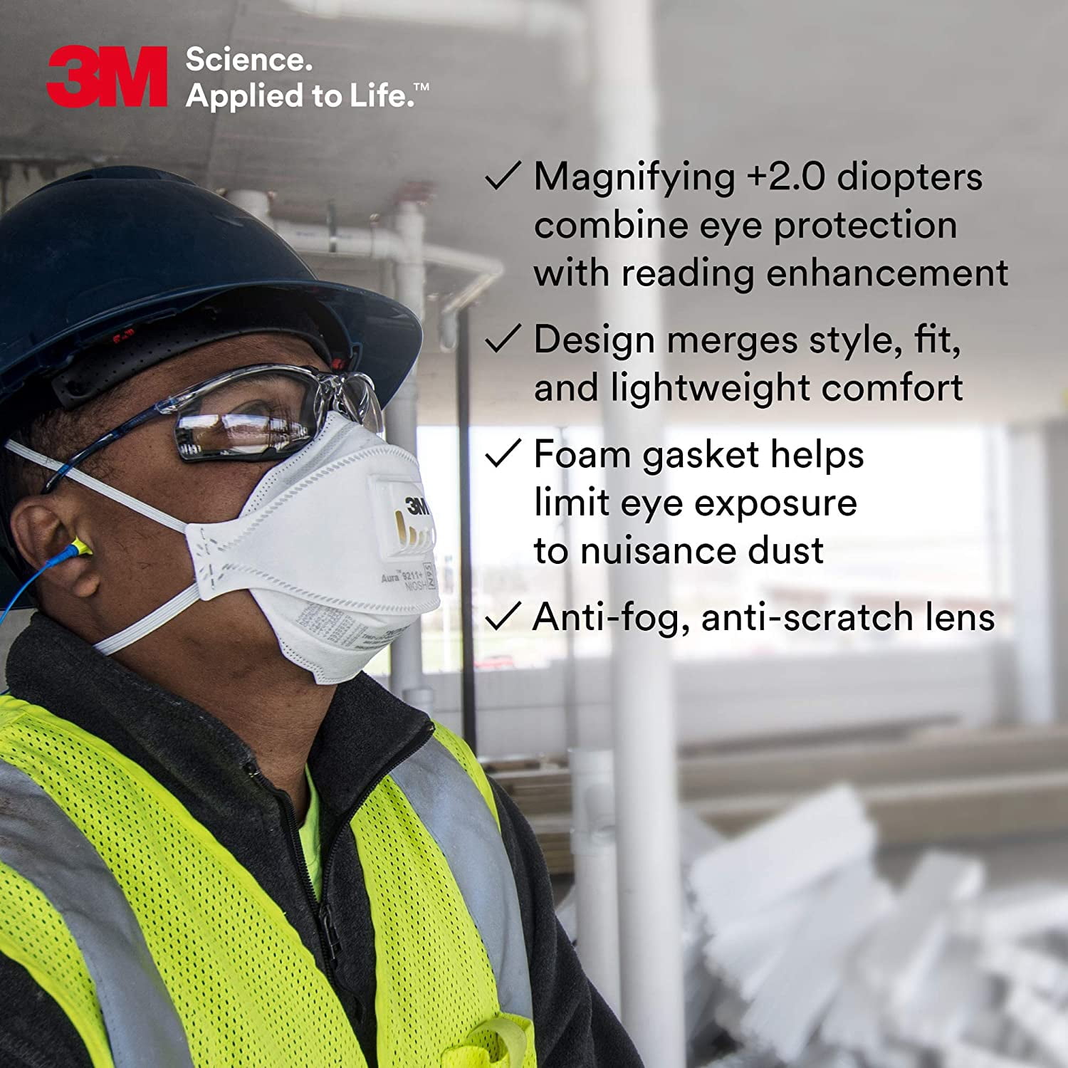 3M Virtua CCS Protective Eyewear with Foam Gasket, VC215AF Clear +2.0D Anti-Fog Lens,
