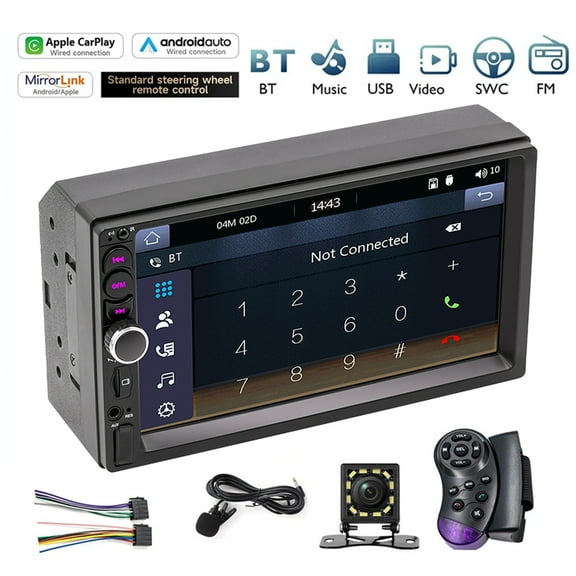 Woudy 7" Double DIN MP5 Car Stereo, 800×480 Touchscreen, Wired Apple CarPlay & Android Auto, Bluetooth 5.1, AM/FM Radio, USB/TF/AUX, Rear Camera Support & Steering Wheel Control