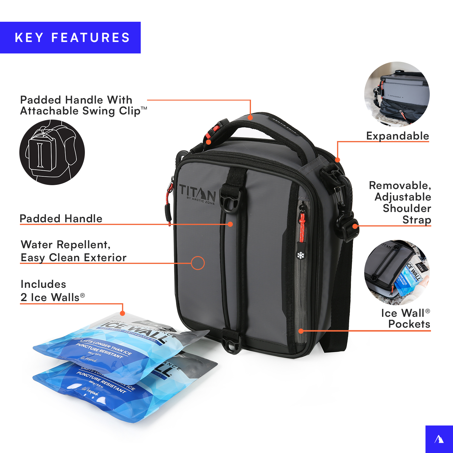 Titan by Arctic Zone Fridge Cold Insulated Expandable Lunch Bag with Reusable Ice Walls - Sharkskin Gray