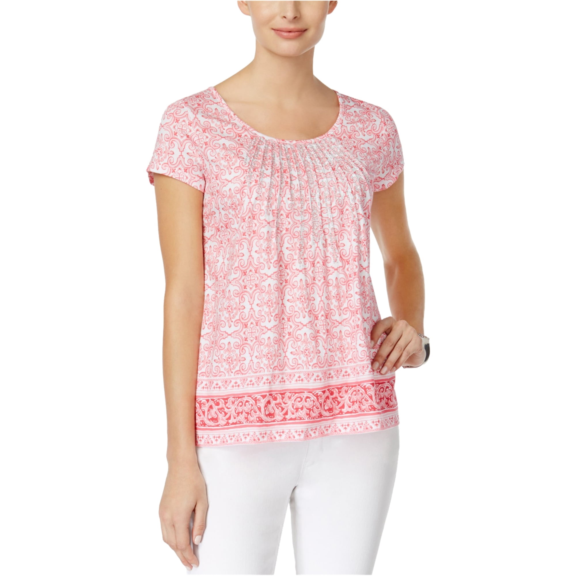 Charter Club Womens Pleated Printed Basic T-Shirt, Pink, Large 