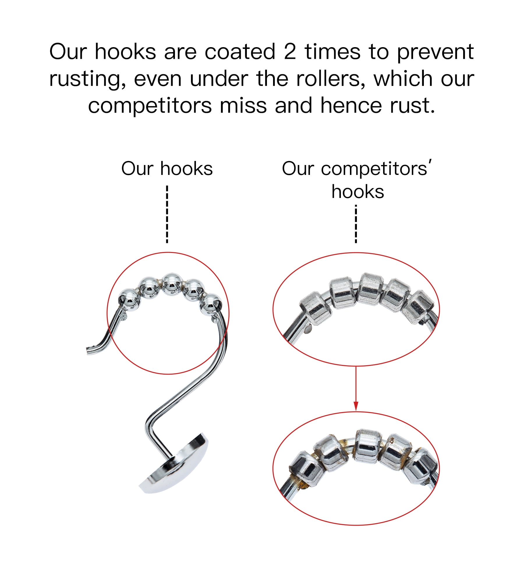 Utopia Alley Shower Hooks - Shower Curtain Rings for Bathroom - Rust Resistant Roller Shower Curtain Hooks for Shower Curtain or Liner - Set of 12, Polished Chrome
