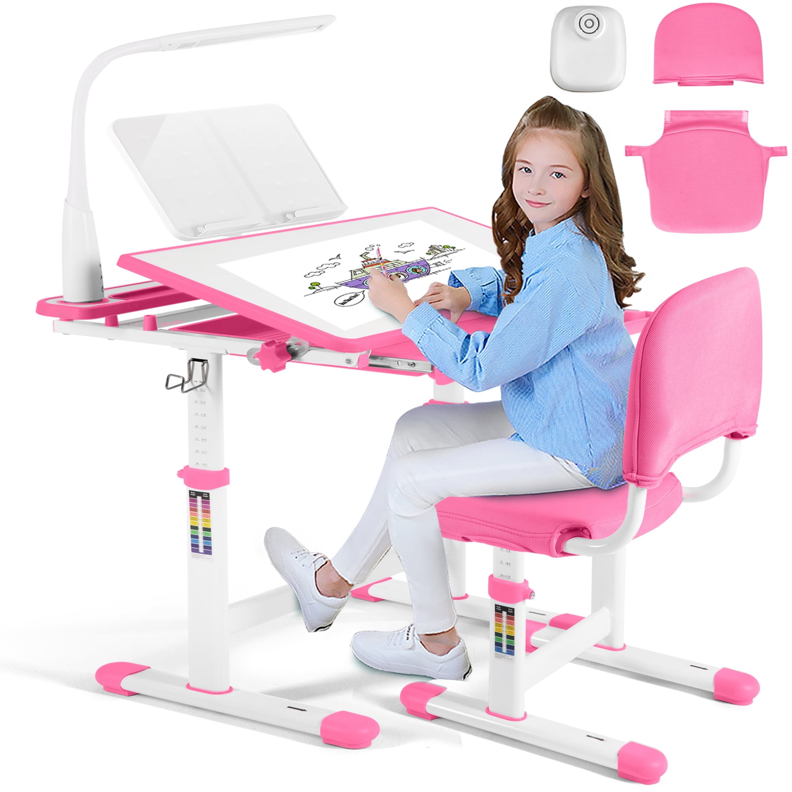 Artist Hand Kids Study Desk And Chair Set Height Adjustable Children Table Large Writing Board Desk With Led Lamp Pull Out Drawer Bookstand Pink P