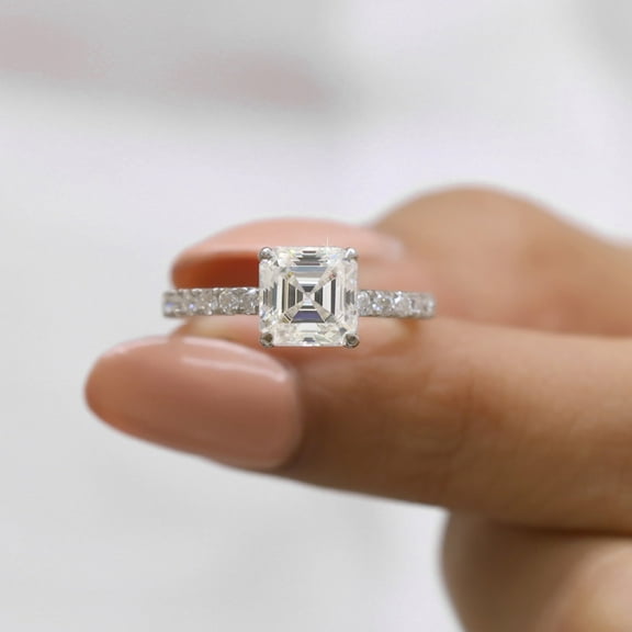 JEWELEGANT 2 Ct Asscher Cut Moissanite Diamond Hidden Halo Engagement Ring for Women