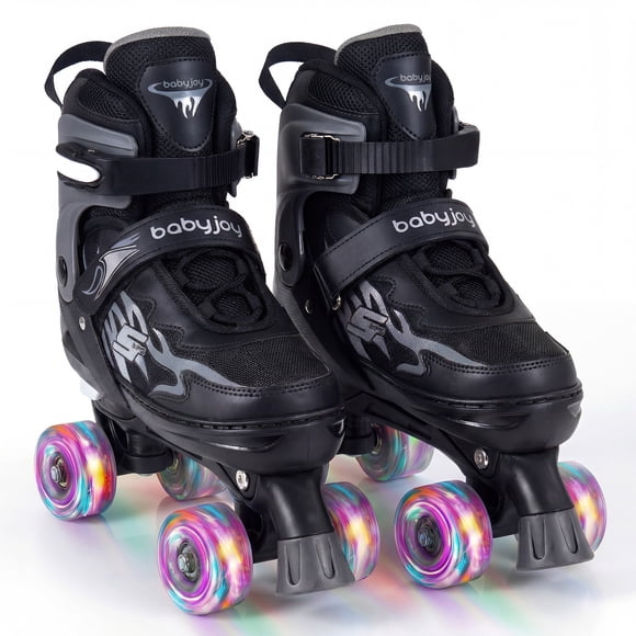 Gymax Kids Roller Skates for Teens 4 Sizes Adjustable Quad Skates w/ Light-up Wheels Black