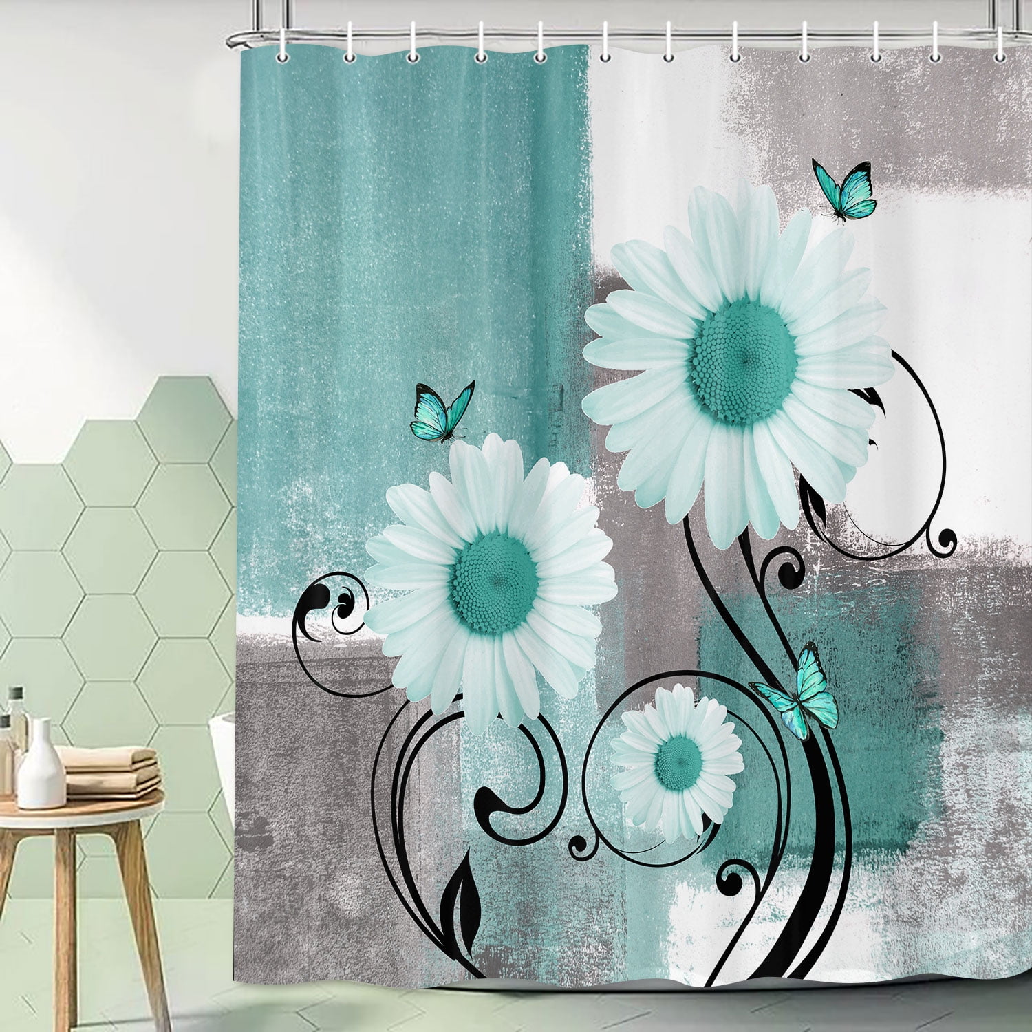 Farmhouse Daisy Shower Curtain - Green Gray Abstract Floral Bathroom Decor with White Flowers, Washable Fabric Modern Design, 54x70 Inch