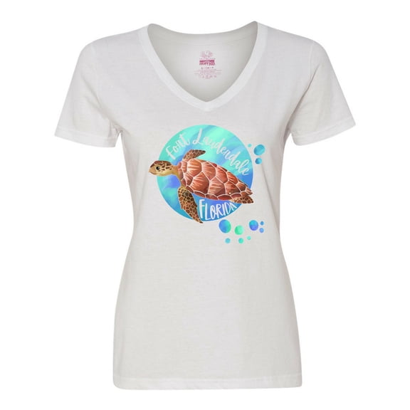 Inktastic Fort Lauderdale, Florida Swimming Sea Turtle with Bubbles Women's V-Neck T-Shirt