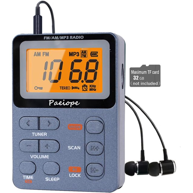 Radio Portable AM FM, Radio de Poche Rechargeable avec Meilleur Syntonisation Numérique de Réception, MP3, Écouteurs Stéréo, Grand Écran LCD, Prise Carte TF, Radio Transistor pour Jogging/Gym/Camping (Gris)