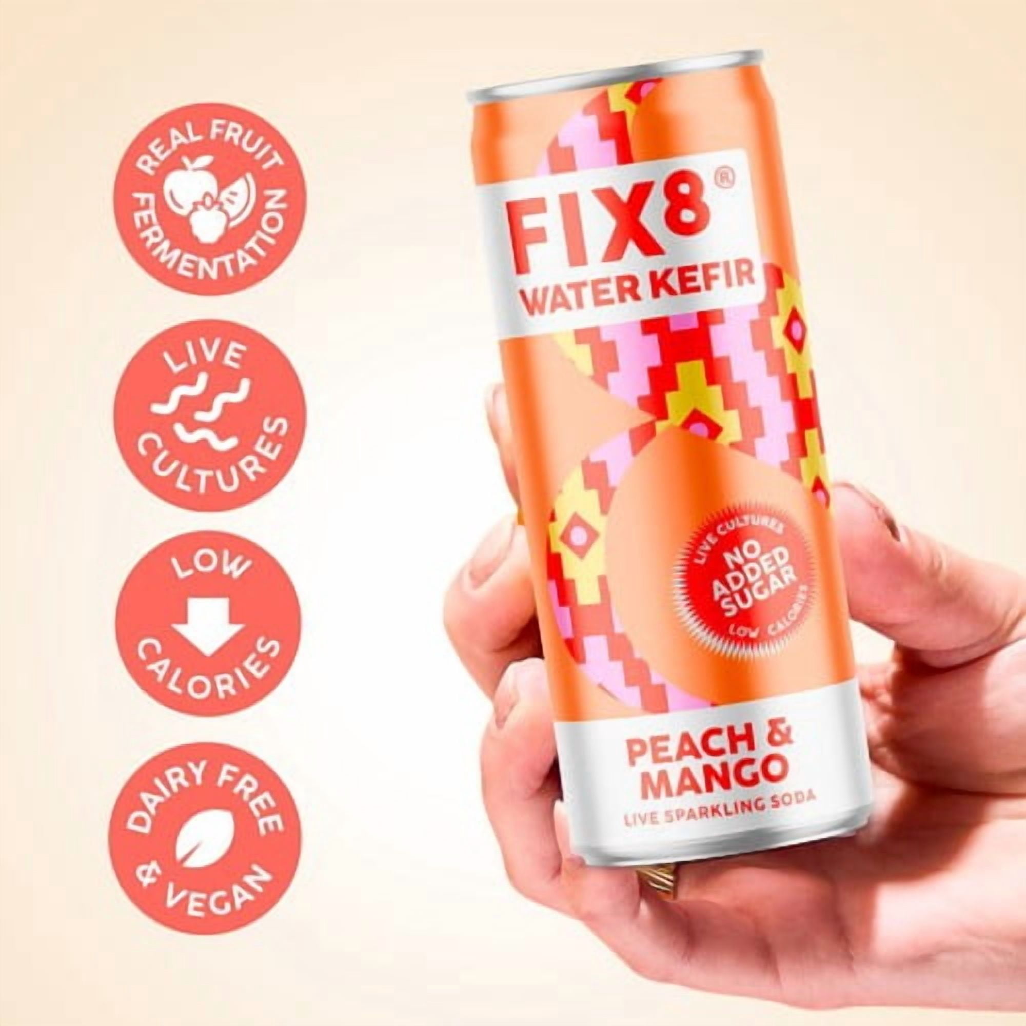 Fix8 Water Kefir Peach + Mango 4 x 250ml, British Import (Pack of 2)
