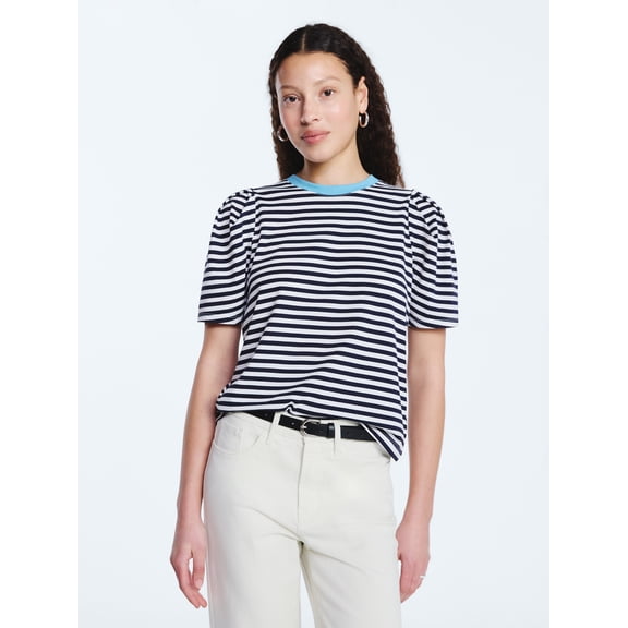 Free Assembly Women's and Women's Plus Crewneck Tee with Puff Sleeves, XS-4X