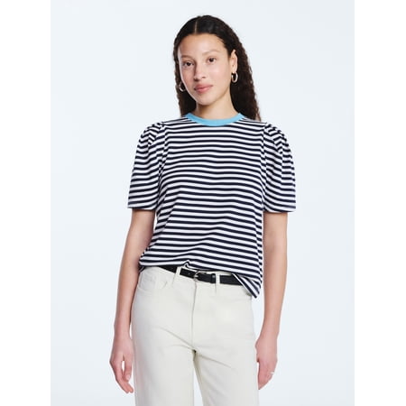 Free Assembly Women's and Women's Plus Crewneck Tee with Puff Sleeves, XS-4X