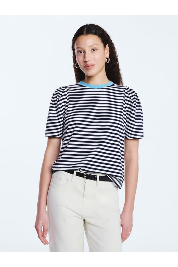 Women's and Women's Plus Crewneck Tee with Puff Sleeves, XS-4X