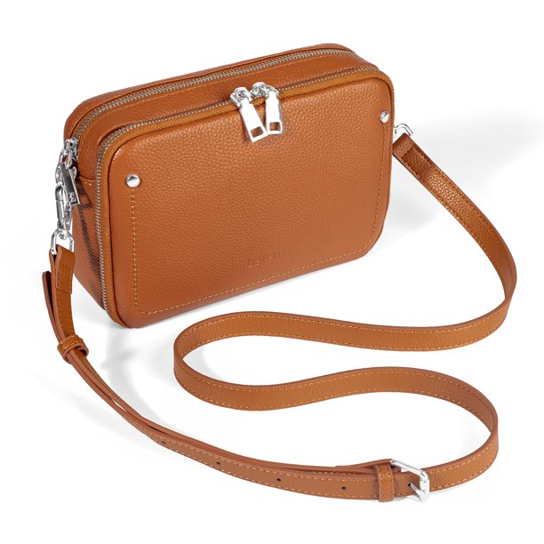 Bandolera de piel auténtica para mujer, color marrón coñac