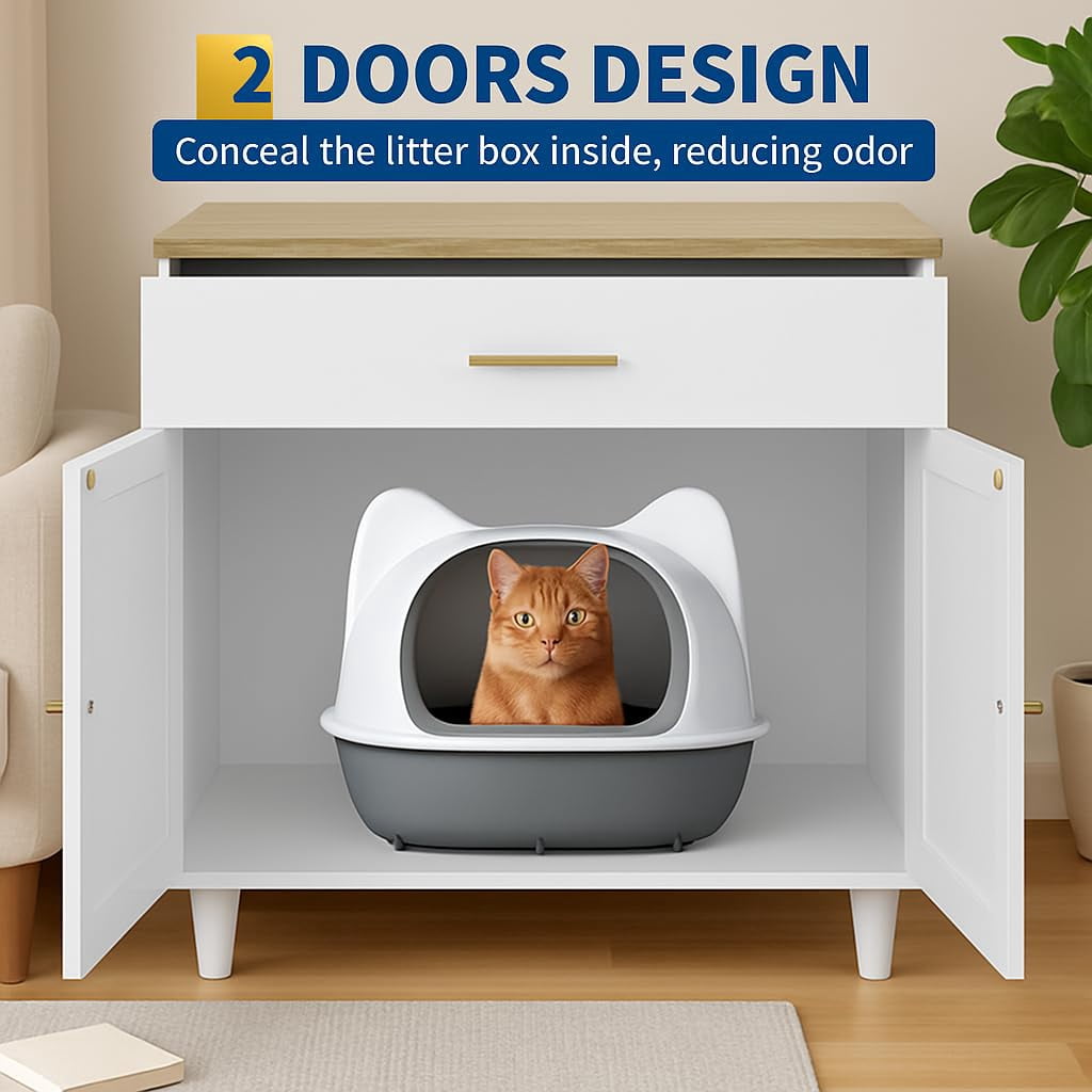 Hidden Cat Litter Box Furniture with Storage Drawer, Wood Cats Litter Enclosure Cabinet with 2 Sisal Doors, Hidden Enclosed Kitty Litter Box Cabinet Dog Proof for Living Room White