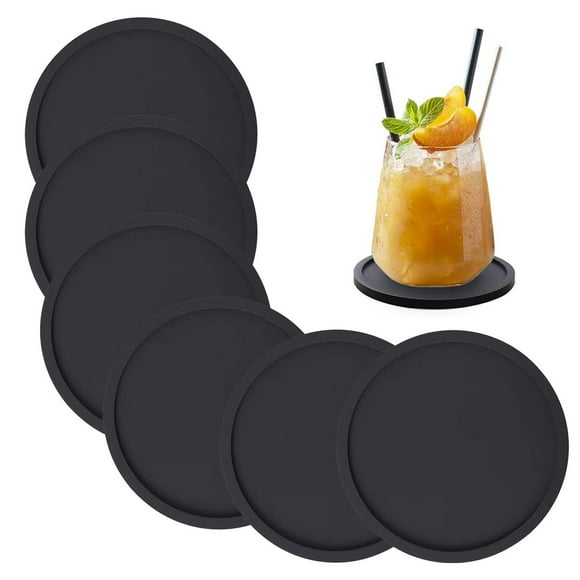 Silicone Coasters, Coasters for Drinks 6 Set Non-Slip Cup Coasters, Heat Resistant Cup Mate(Black)