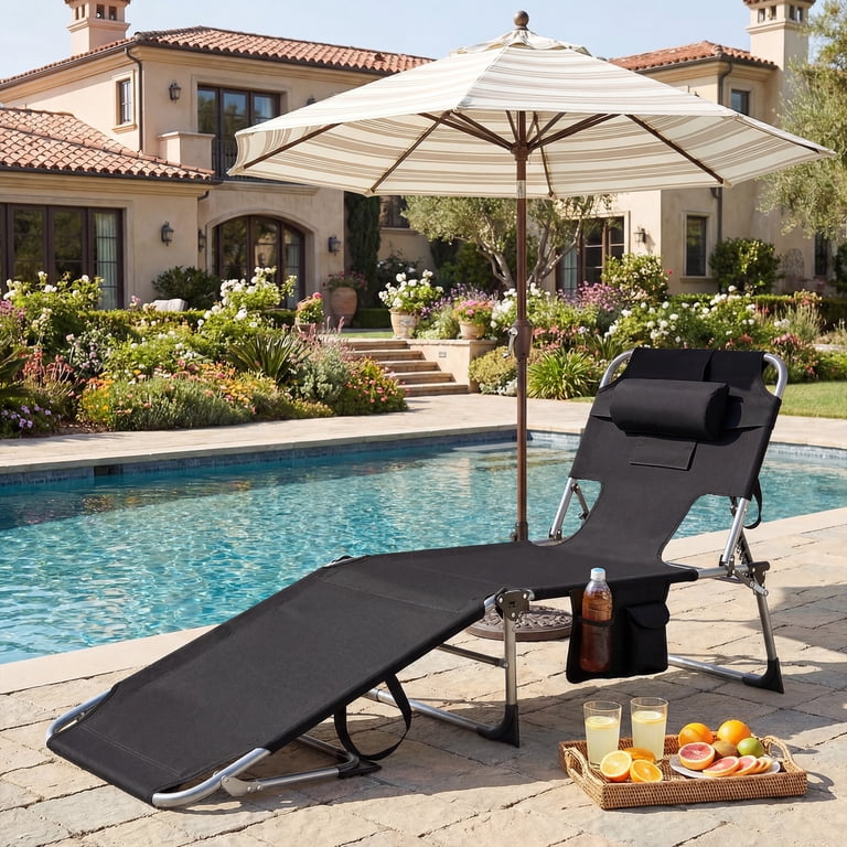 Gymax Folding Reclining Lounge Chair, Black, Ergonomic with Face