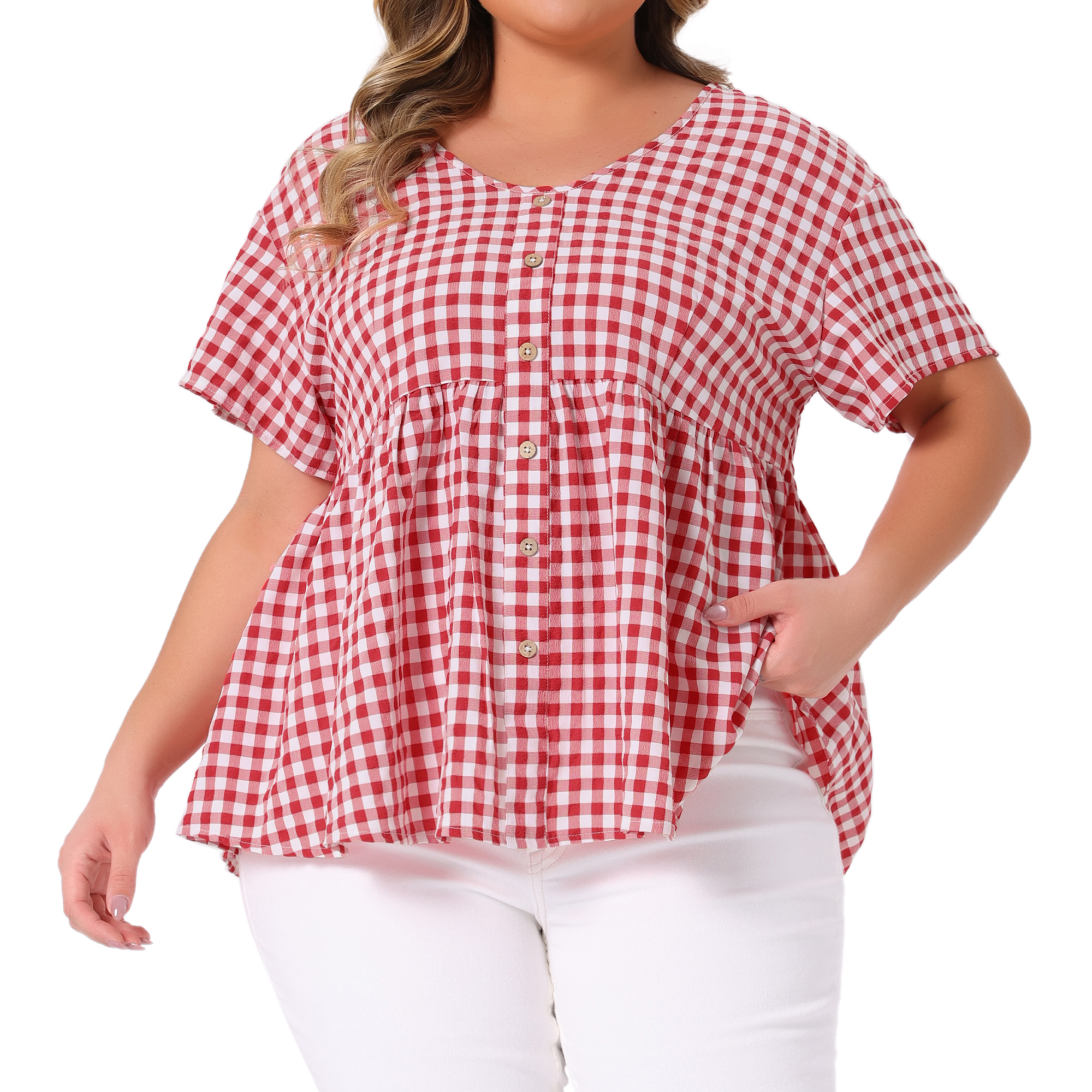 Women's Plus Gingham Tops Plaid Short Sleeve V Neck Summer Babydoll Top 3X Red