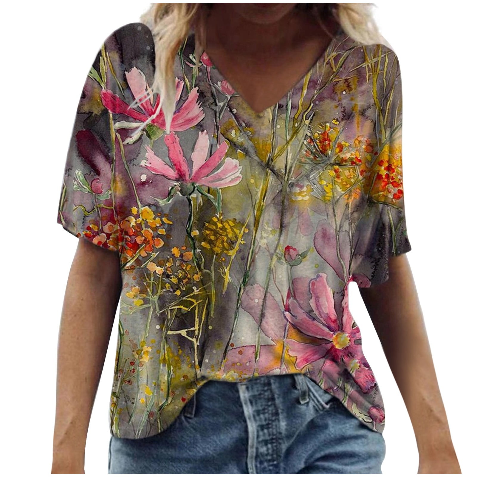 Women Summer Short Sleeve T Shirt Crew Neck Casual Floral Tops Size Plus Blouse