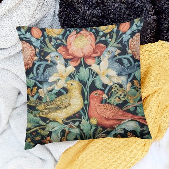 Creowell William Morris Throw Pillow Covers Vintage Floral Bird Strawberry Thief Pillow Cover, Outdoor Farmhouse Pillow Cover Home Decor for Couch Sofa 18x18in