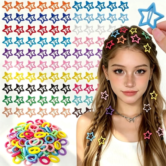 200PCS Star Snap Hair Clips with Rubber bands, Small Cute Hair Barrettes for Women Girls