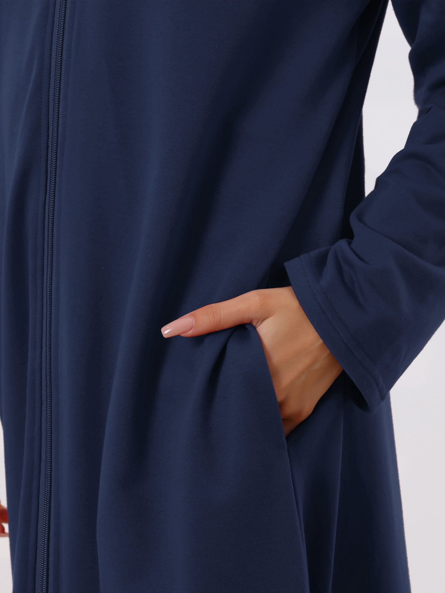 Unique Bargains Womens Robe Zip up Hooded House Dress Nightshirt Hoodie Long Bathrobe XL Navy Blue