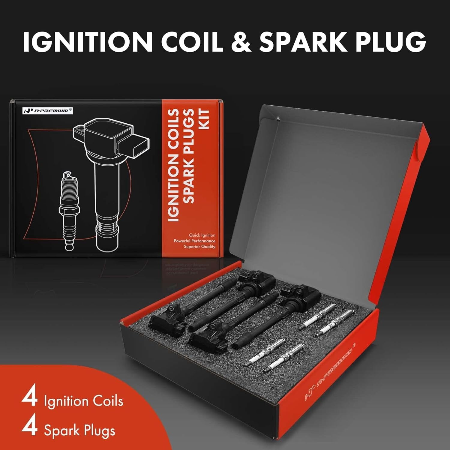 A-Premium Set of 4 Ignition Coil Pack and Iridium Spark Plugs Compatible with Honda Civic 2015-20191.5L 2.0L, Civic 2016/2020 2.0L, Replace# 305205R0013, 305205R0003