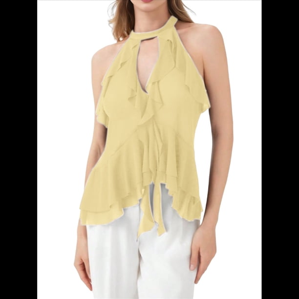 Camisola con Volantes y Cuello Halter para Mujer Amarillo M