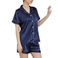thumbnail image 3 of Women's Short Sleeve Shorts Pajama Set Summer Soft Silky Comfy Button Up Spring Lightweight Pjs 2 Piece Silk Sleepwear Navy 8-10, 3 of 5