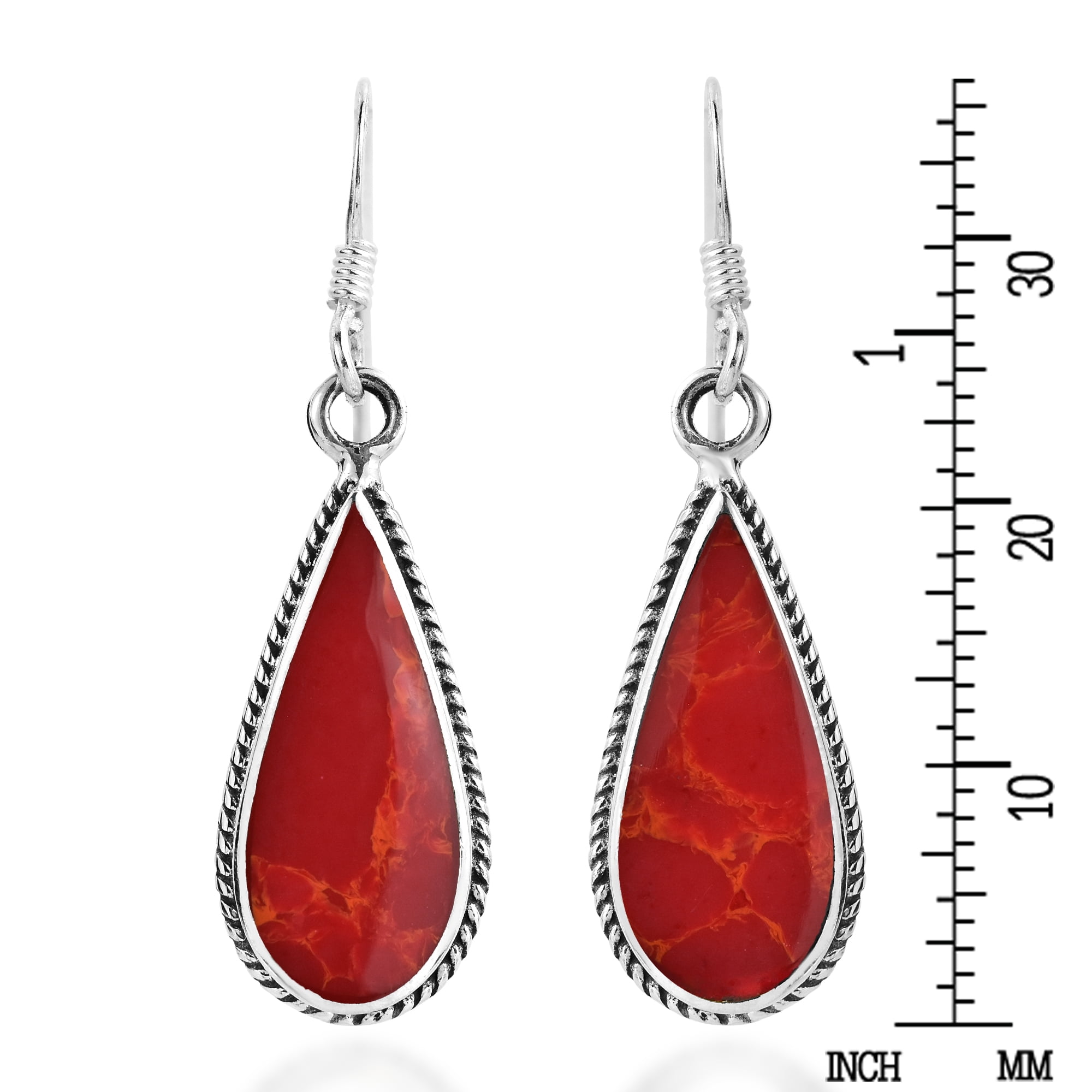 AeraVida Classic Teardrop Shaped Synthetic Red Coral Sterling Silver Fishhook Dangle Earrings