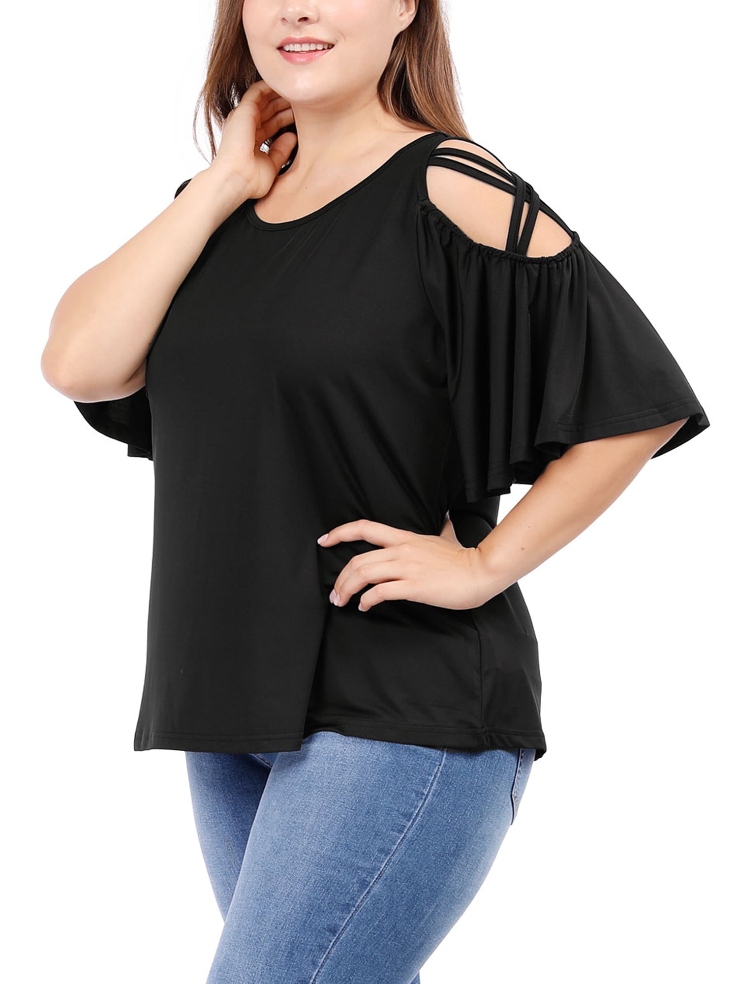 DARING DIVA Women's Plus Cold Shoulder Bell Casual Sleeve Top 3X Black