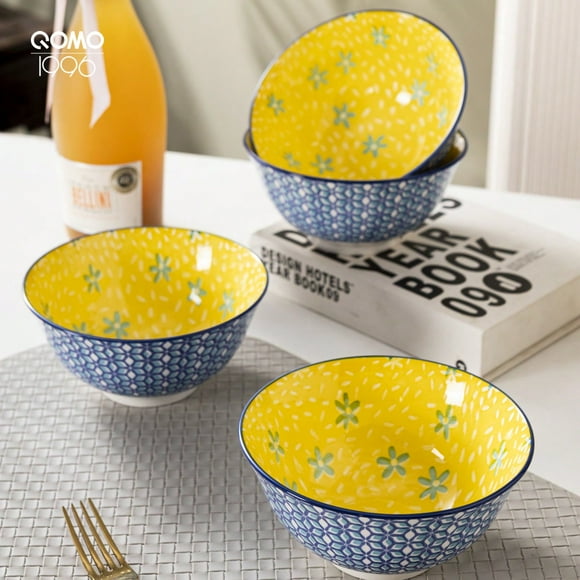 QOMO Porcelain Bowls Set (6.25Inch, 4-Piece) - For Cereal, Soup, Salad, Pasta, Fruit, Ice Cream Bowls Service - Microwave And Dishwasher Safe, Assorted Designs