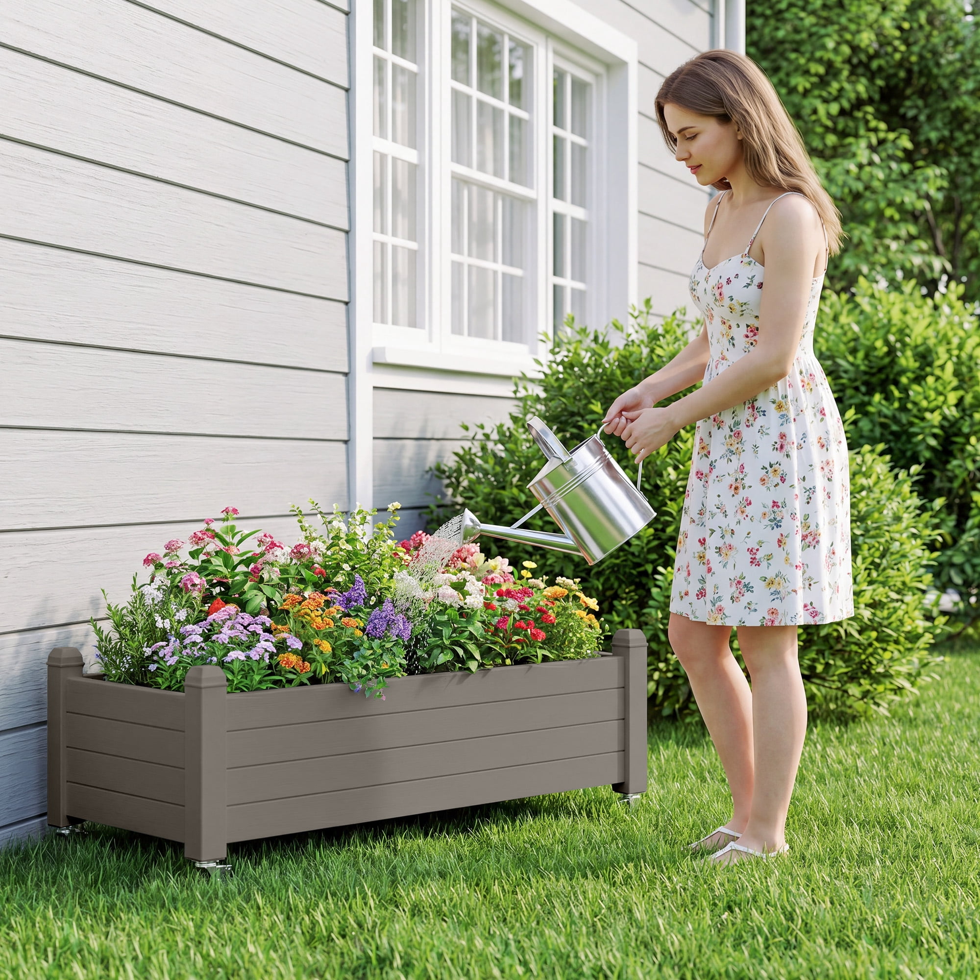 Nihsuao Mobile Raised Garden Bed with Lockable Wheels, Weather-Resistant Wood-Grain Planter Box for Patio, Balcony, Herb & Vegetable Growing, Gray