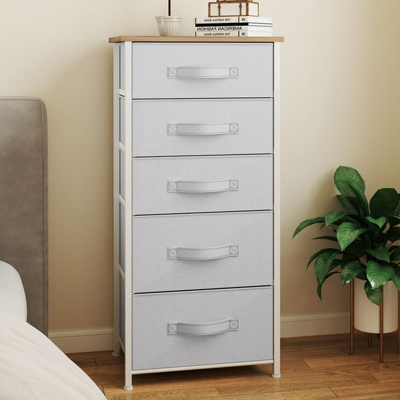 Uforic 5-Drawer Fabric Storage Tower with Steel Frame and Wooden Top for Living Room and Hallway Light Gray