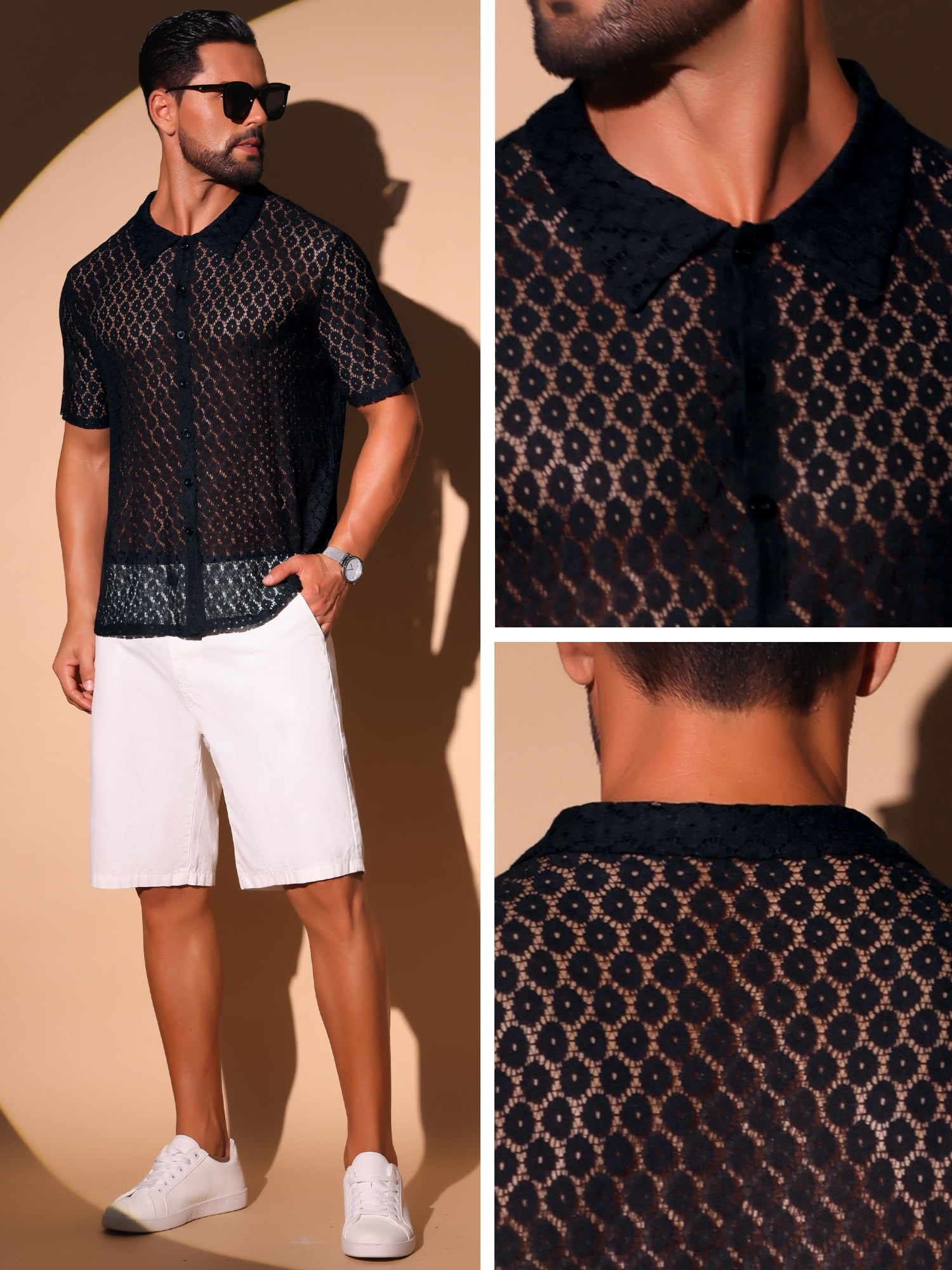 DARING DIVA Men's Sheer Hollow Lace Button Down Disco Party Shirt M Black