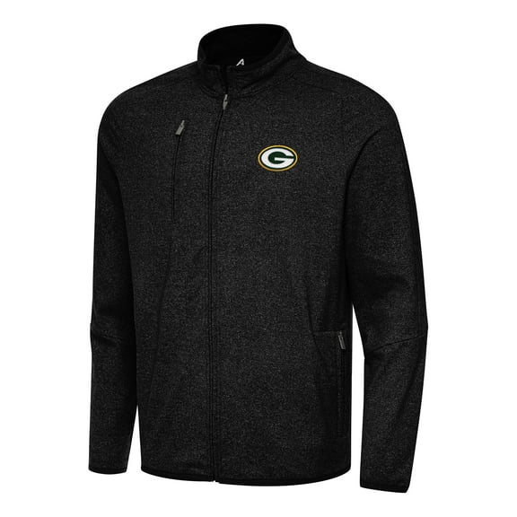 Men's Antigua Heather Black Green Bay Packers  Hold-Up Tri-Blend Full-Zip Jacket
