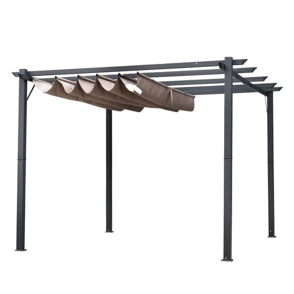 10x10 Pergola with Retractable Canopy, Grey - Outdoor Patio Shade Shelter