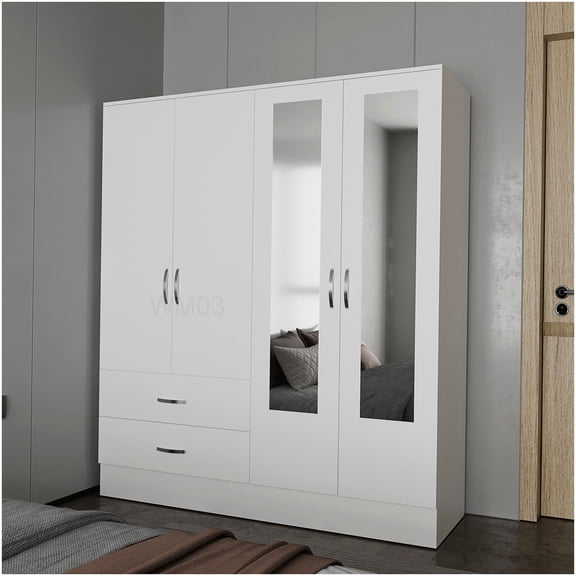 4-Door Armoire with Mirrors, White Freestanding Wardrobe Closet with Drawers