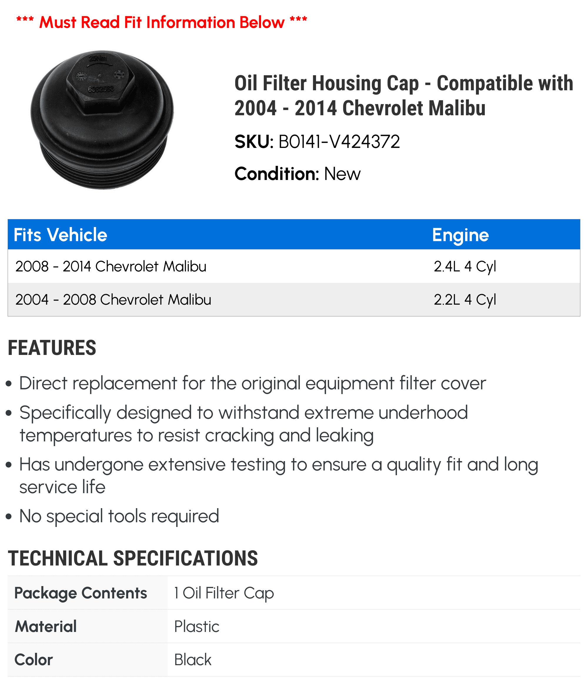 Oil Filter Housing Cap - Compatible with 2004 - 2014 Chevy Malibu 2005 2006 2007 2008 2009 2010 2011 2012 2013