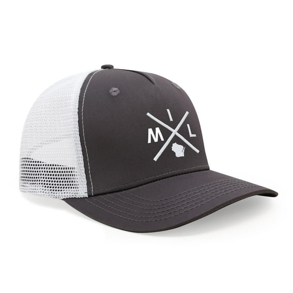 International Tie Hat for Men and Women, Adjustable Snapback Trucker Baseball Cap, Embroidered Cross Logo (MIL - Milwaukee, Grey White)