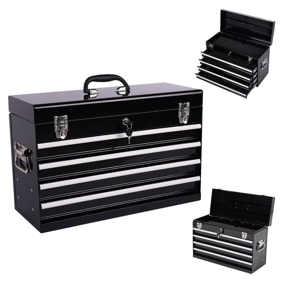 Mechanics Tool Box Heavy Duty Metal Tool Box, 21-inch, Portable Metal Tool Box with 4 Drawers, Small Tool Chest with EVA Liners, Ball Bearing Slide Drawers Locking & Powder Coated Finish, Multi-Func