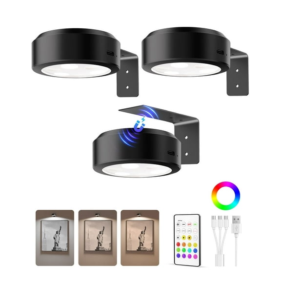 EZVALO 3-Pack LED Wireless Picture Lights, Magnetic Rechargeable Wall Art Lights, 2 Color Temps & 12 RGB, Remote Dimmable Timer