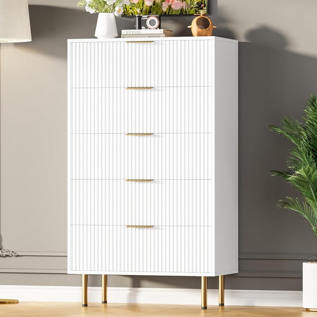 Commode à 5 Tiroirs, Commode Cannelée pour Chambre, Commode Haute de 47,9 Pouces, Commode Haute en Bois avec Poignée en Métal pour Garde-Robe, Salon, Entrée