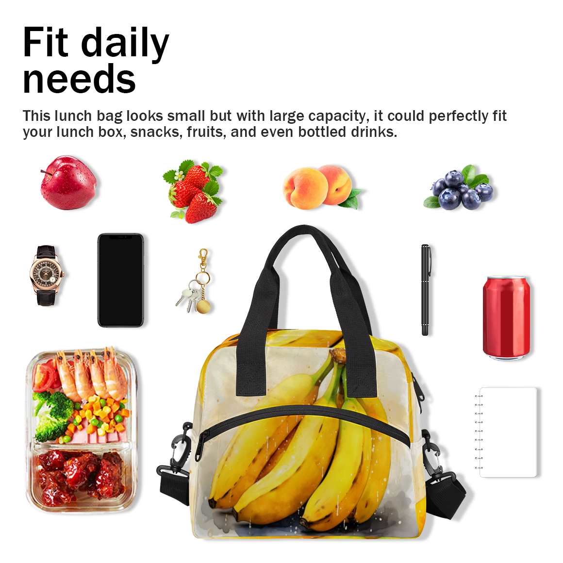 Herdesigns Banana Insulated Lunch Bag for Women Men Adults Large Reusable Lunch Box Fruits Modern Leakproof Cooler Tote Bags with Adjustable Shoulder Strap