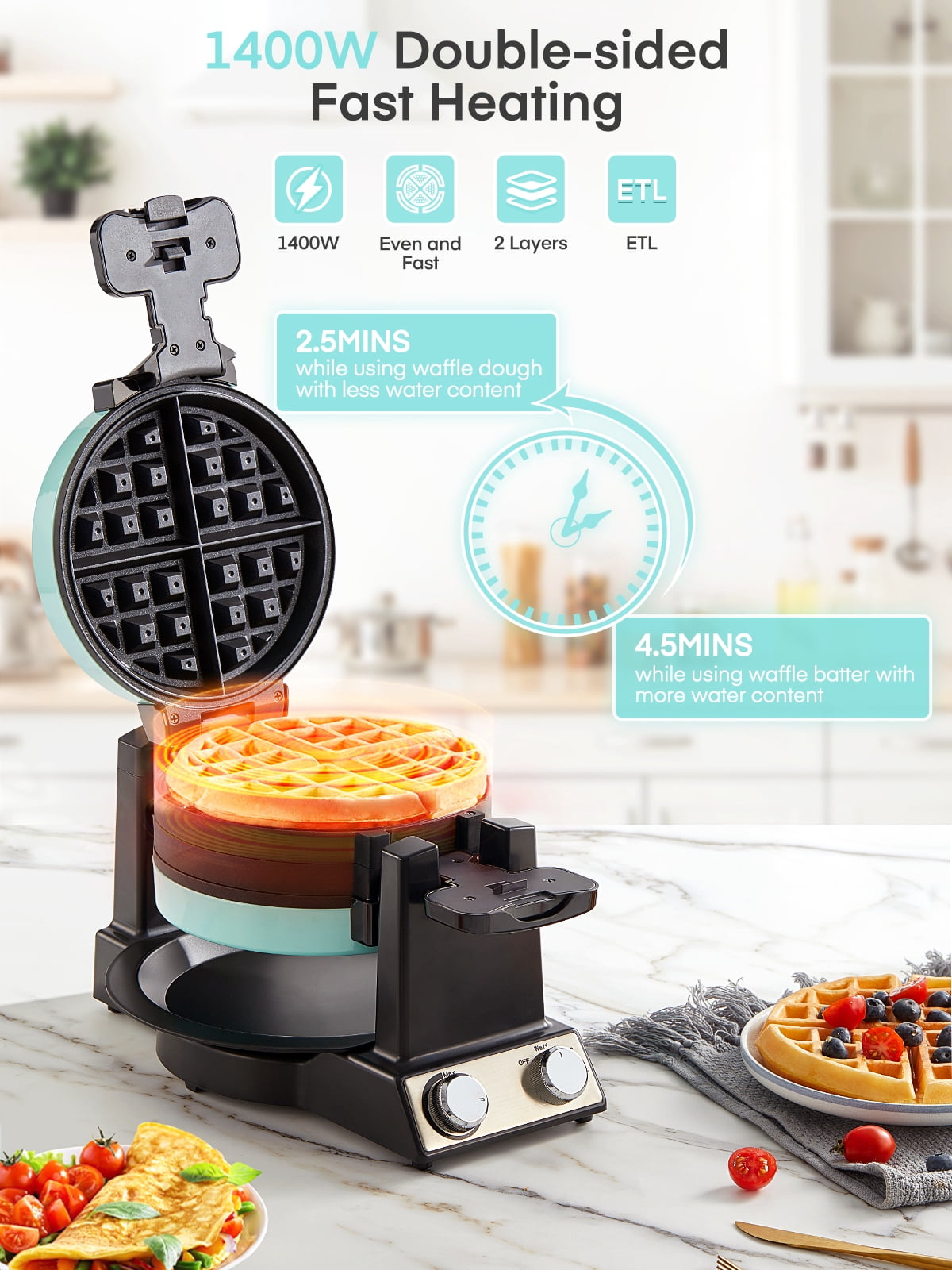 FOHERE 2-in-1 Waffle Maker & Omelette Maker, 1400W 180° Flip Rotating & Nonstick Pans, Blue, New