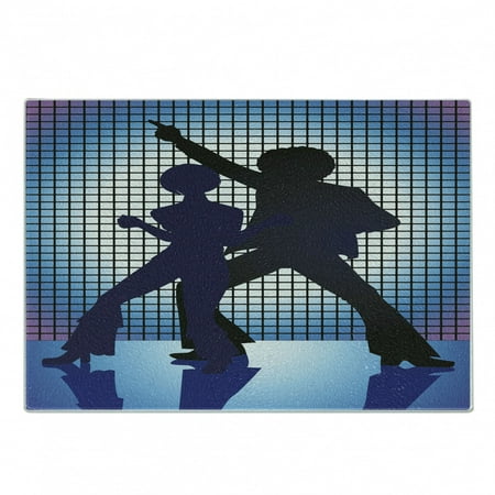 

70s Party Cutting Board Couple Silhouettes on the Dance Floor in Night Life Oldies Seventies Fun Decorative Tempered Glass Cutting and Serving Board Small Size Blue Purple Black by Ambesonne