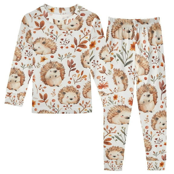 joogoo Hedgehog Leaves Flower 2 Piece Long Sleeve Tee and Pants Cotton Pajama Set 5Y