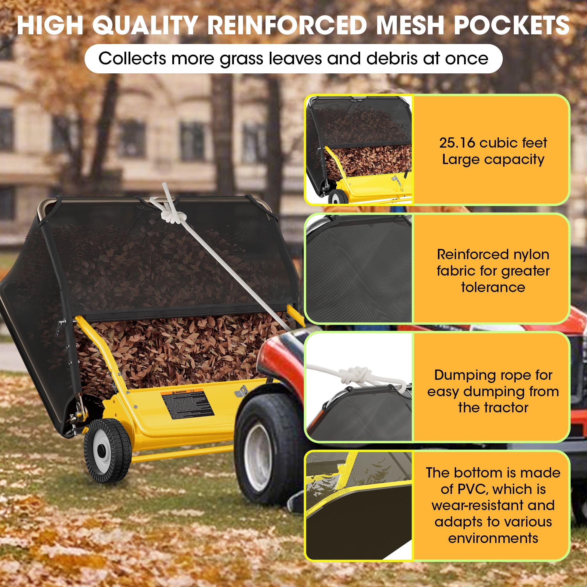 48" Tow-Behind Lawn Sweeper, Pull Behind Grass and Leaf Collector with 25.16 Cu. ft Hopper, Adjustable Brush Height Lever & Dumping Rope for Lawn and Yard Cleanup,Yellow