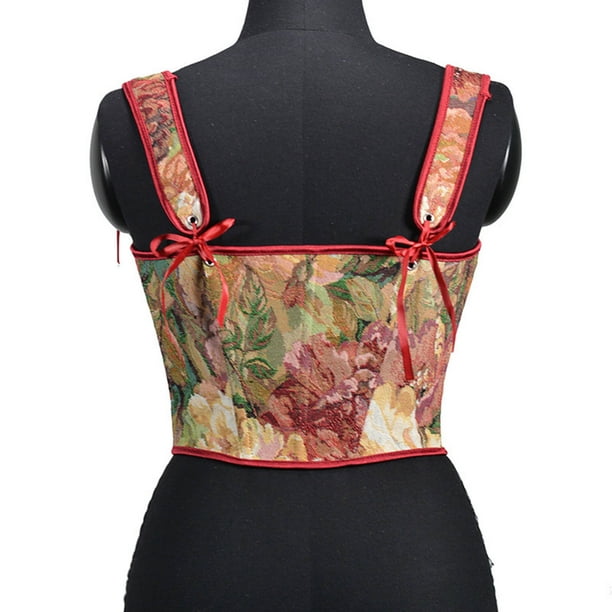 Odeerbi Renaissance Medieval Corset for Women Vintage Floral Boned Corset  Top Casual Sexy Eyelet Lace-up Fishbone Court Corset Straps Tank Top  Shapewear Red