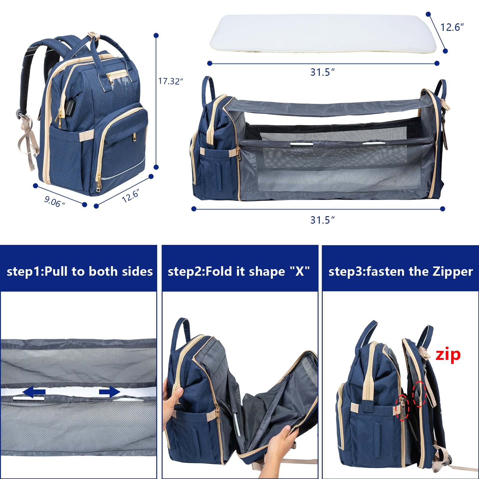 Portable Travel Bassinets for Babies Wisewater Diaper Bag Backpack with Foldable Baby Bed Baby Travel Crib Bag for Girls Boys Waterproof Mommy Bag with Changing Station USB Charging Port 