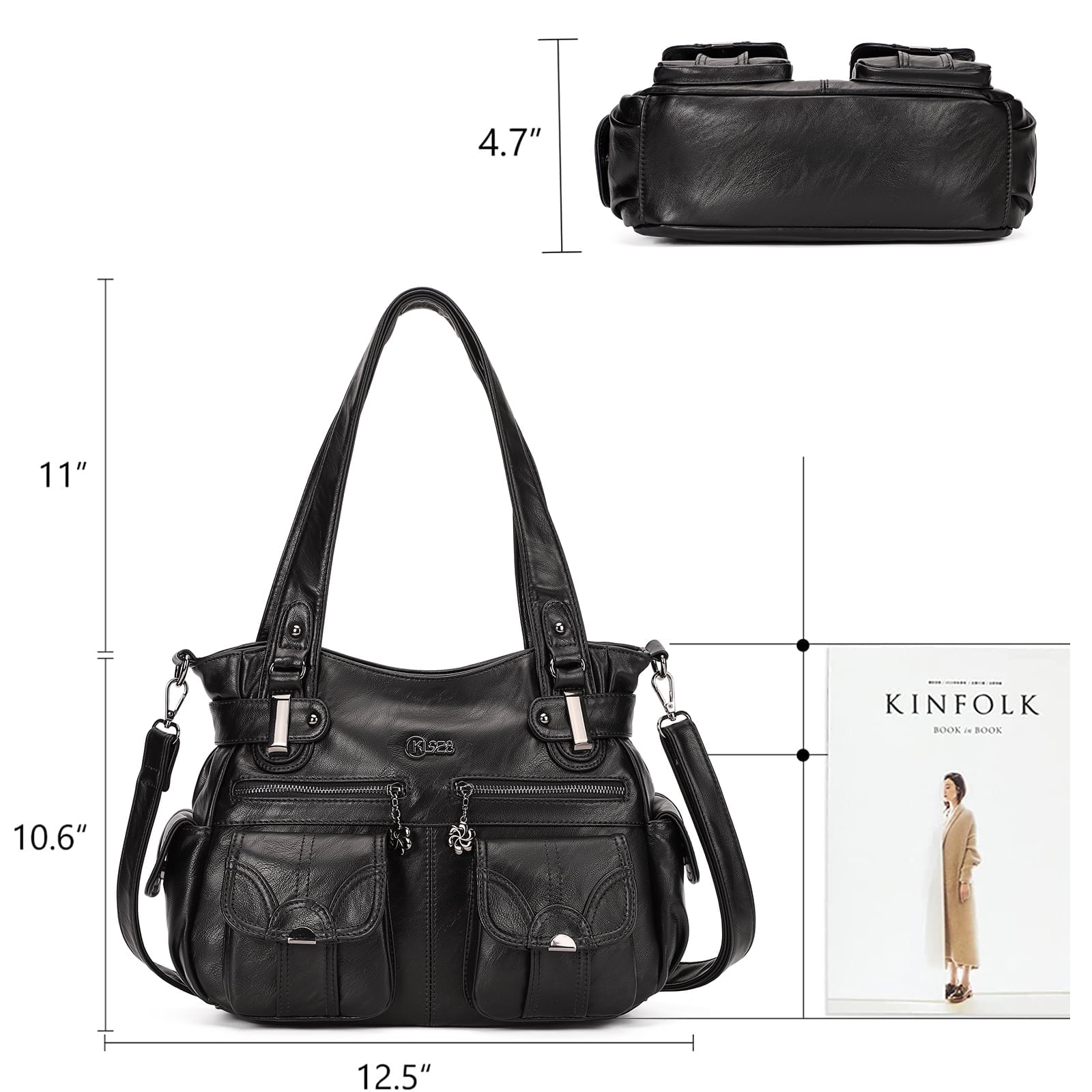 KL928 Hobo Bag for Women Multi Pockets Handbags Large Capacity Leather Purse for Daily Life and Work,Black