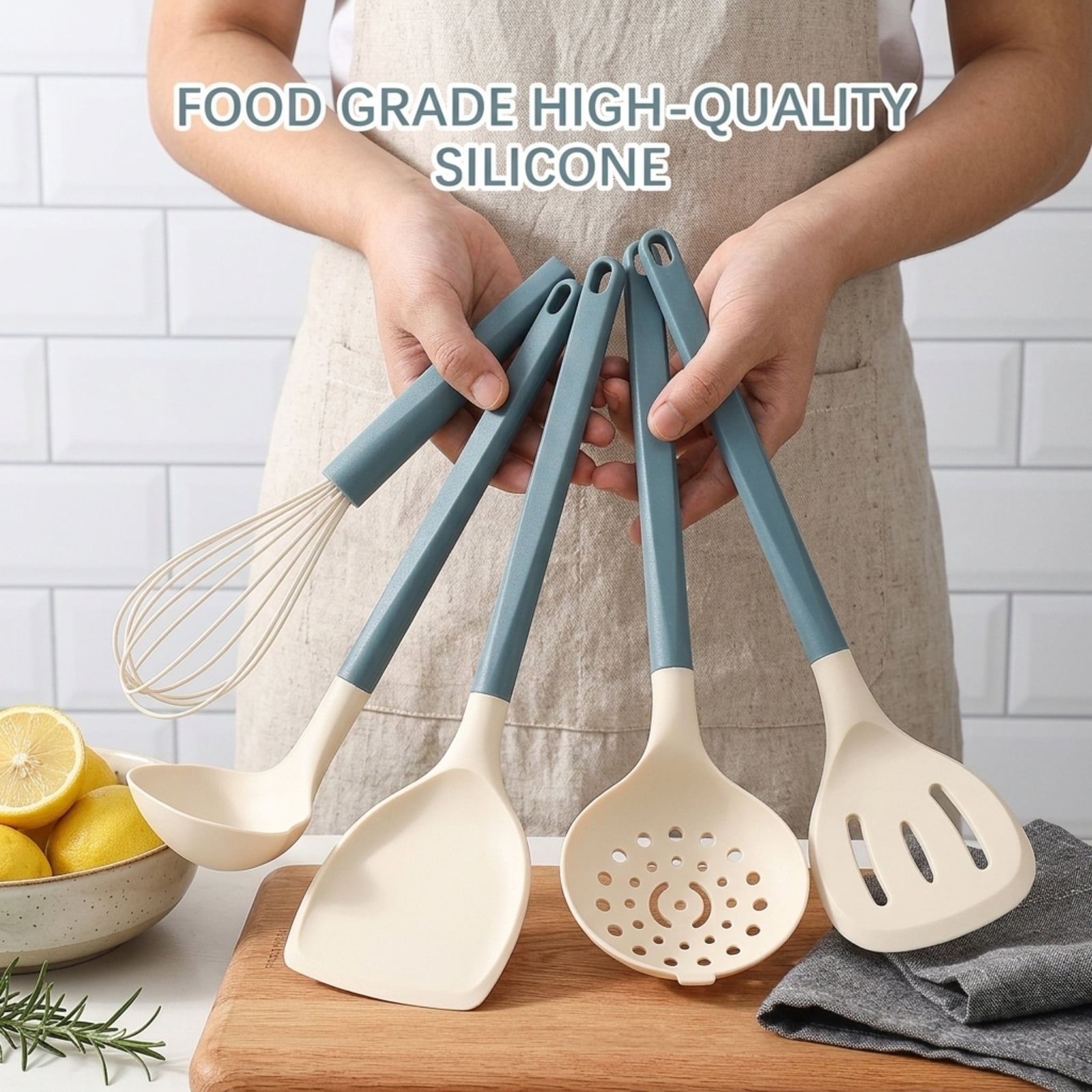 Fenbeli 21-Piece Silicone Kitchen Utensil Set for Nonstick Cookware, Heat-Resistant Cooking Tools with Countertop Holder, Blue